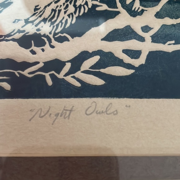 Night Owl print numbered and signed by artist. Blue and tan coloring. - Picture 4 of 5